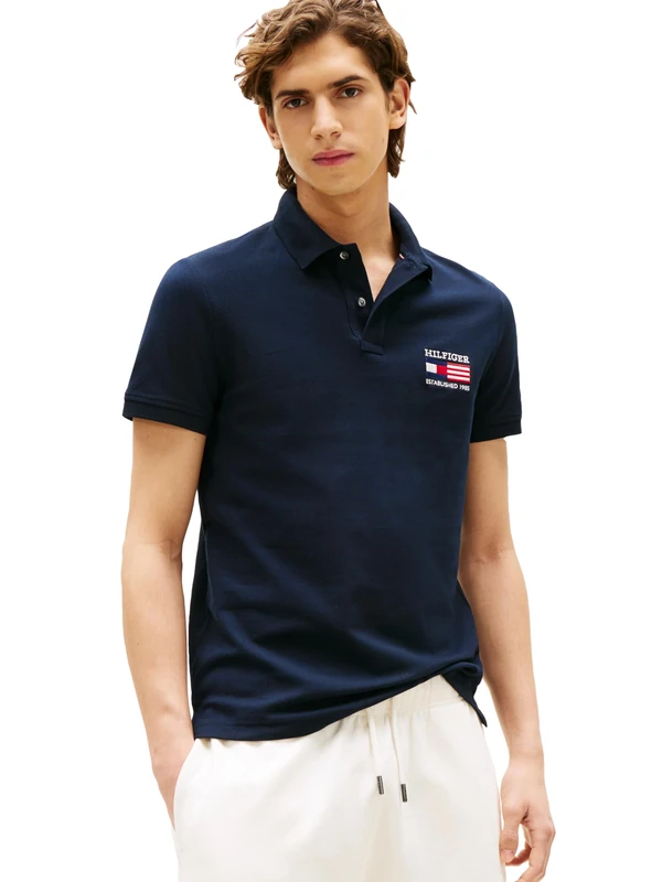 Tommy Hilfiger Men's Short Sleeve Polo Shirts in Regular Fit with Stretch and Organic Pique Cotton, Desert Sky/Flag Embroidered, XL