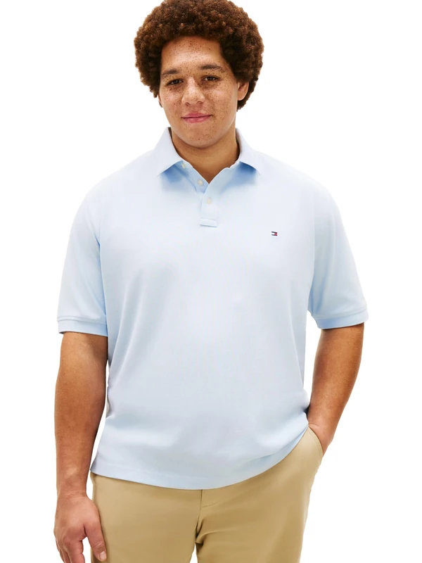 Tommy Hilfiger Men's Short Sleeve Polo Shirts in Regular Fit with Stretch and Organic Pique Cotton, Breezy Blue, Large