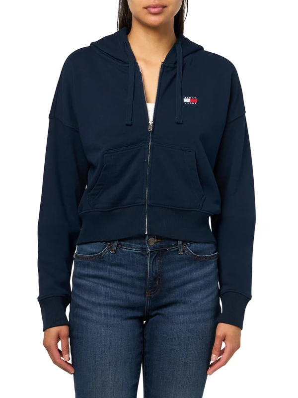 Tommy Jeans Women's Medium Weight Cropped Zip Hoodie with Embroidered Flag Logo, Dark Night Navy, Medium - Image 1