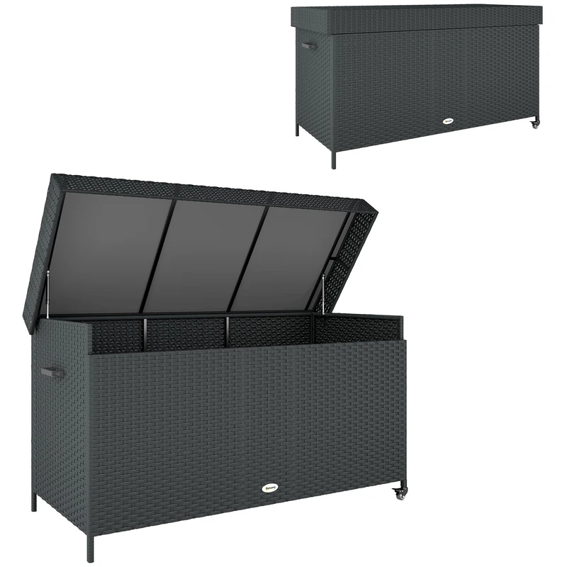 Outsunny 627 L Rattan Garden Storage Box, Outdoor Garden Cushion Storage Box with Gas Lift Lid and Wheels, Outdoor Rattan Chest Container for Cushions, Pillows and Tools, Black