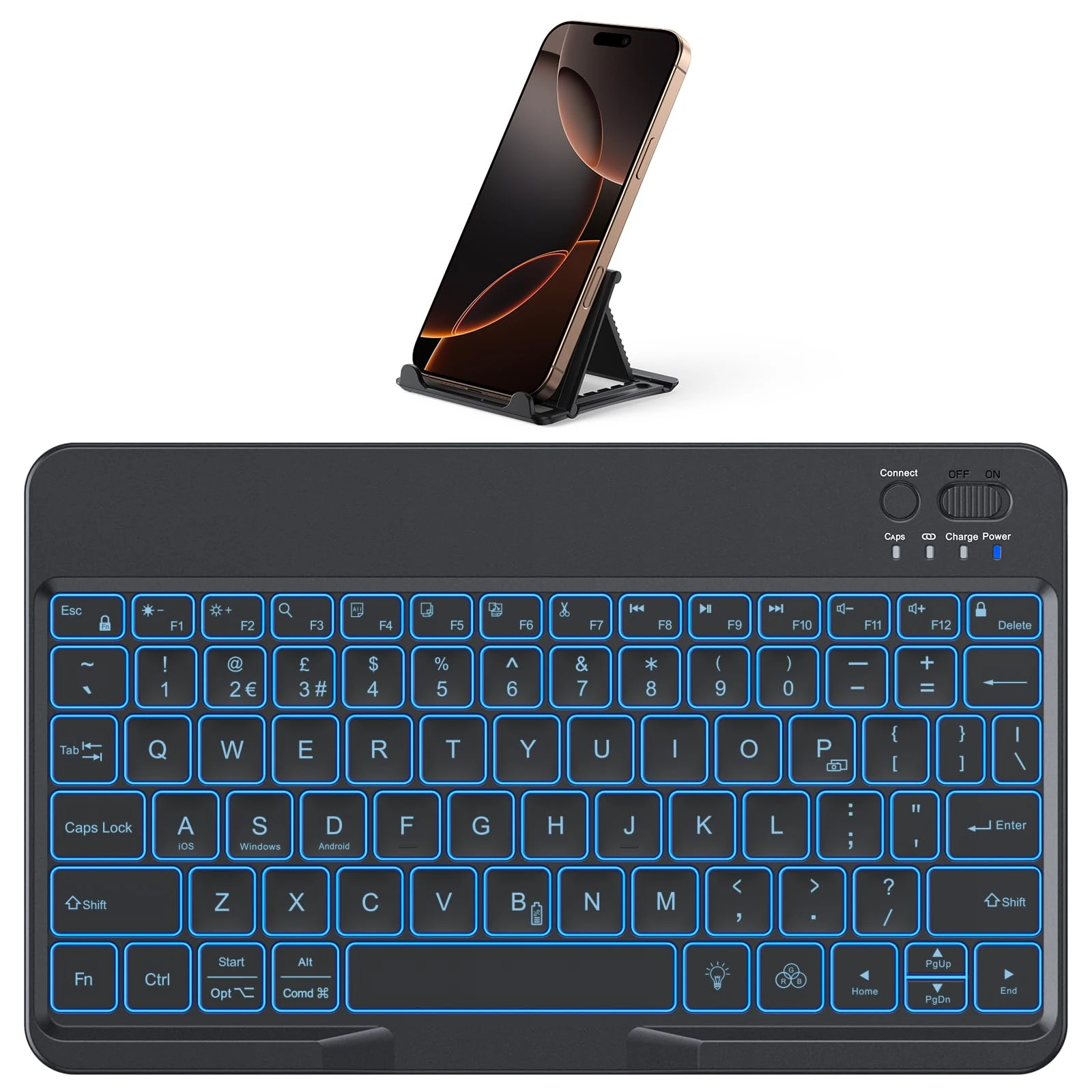 OMOTON Backlit Bluetooth Keyboard UK Layout, Ultra-Slim Rechargeable Portable Wireless Keyboard with Phone Holder, Enlarged Keycaps for iPad/Samsung/Lenovo/Other iOS Android Windows Devices, Black