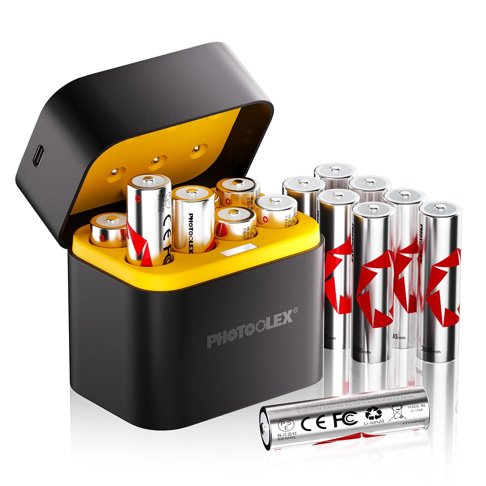 PHOTOOLEX Rechargeable Battery AA Lithium 16 Pack with Charger, 3600mWh High Capacity Rechargeables Batteries 1.5V High Power Lithium AA Battery with Charging Storage Box for Blink Camera Xbox