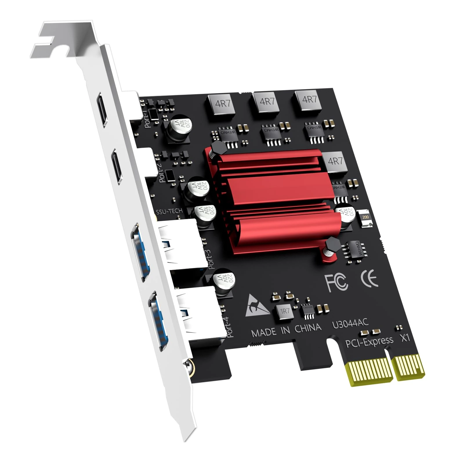 GLOTRENDS U3044AC 4-port (2 x Type-C+ 2 x Type-A) USB 3.0 5Gbps PCIe Expansion Card for Intel, AMD, and ARM Platform, Compatible with Windows and Linux (Not Support Mac OS)