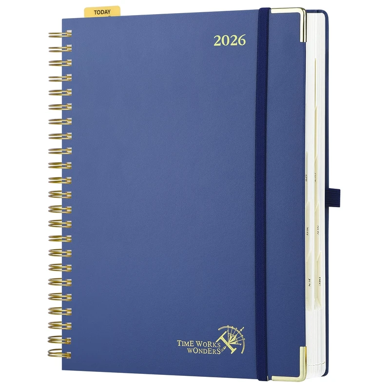 POPRUN Page A Day Diary 2026 A4 Day to Page Even Weekend 26 Spiral Hardcover Daily Planner, Appointment Desk Diary with 30 Minutes Interval, Monthly Tabs (Navy Blue)