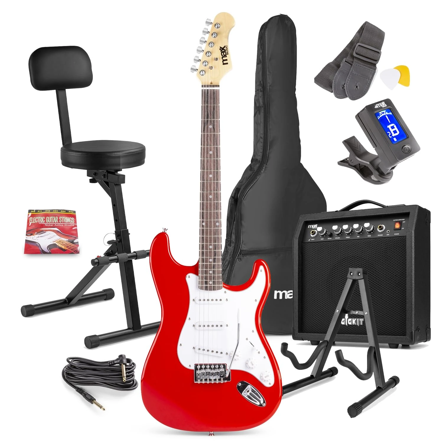 MAX Beginner Electric Guitar Kit - Red, 40W Amplifier, Folding Guitar Stool, Stand & Accessories, Complete Starter Pack for New Musicians & Student Guitarists