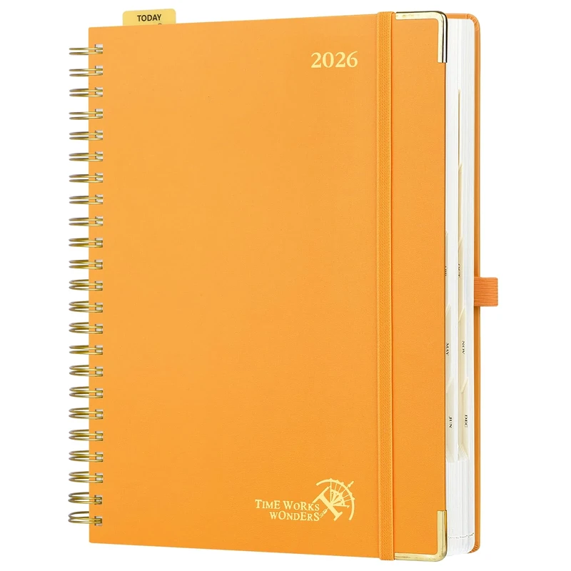 POPRUN Page A Day Diary 2026 A4 Day to Page Even Weekend 26 Spiral Hardcover Daily Planner, Appointment Desk Diary with 30 Minutes Interval, Monthly Tabs (Orange)