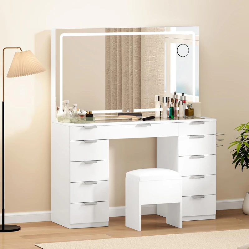 DWVO Vanity Table and Stool Set with LED Mirror, Makeup Desk with Adjustable 3-Colour Lighting, 11-Drawer Storage, Safety Glass Top & Built-in Plug Socket, White Dressing Table for Bedroom