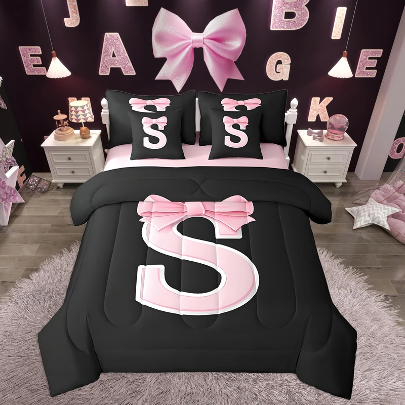 jejeloiu Kawaii Pink Bow Queen Comforter Set with Sheets,Gifts for Women Teen Girl,Monogrammed 7 Piece Bedding Set,Soft Personalized Initial Letter S Bed in a Bag with Comforter,Sheets,Pillowcases