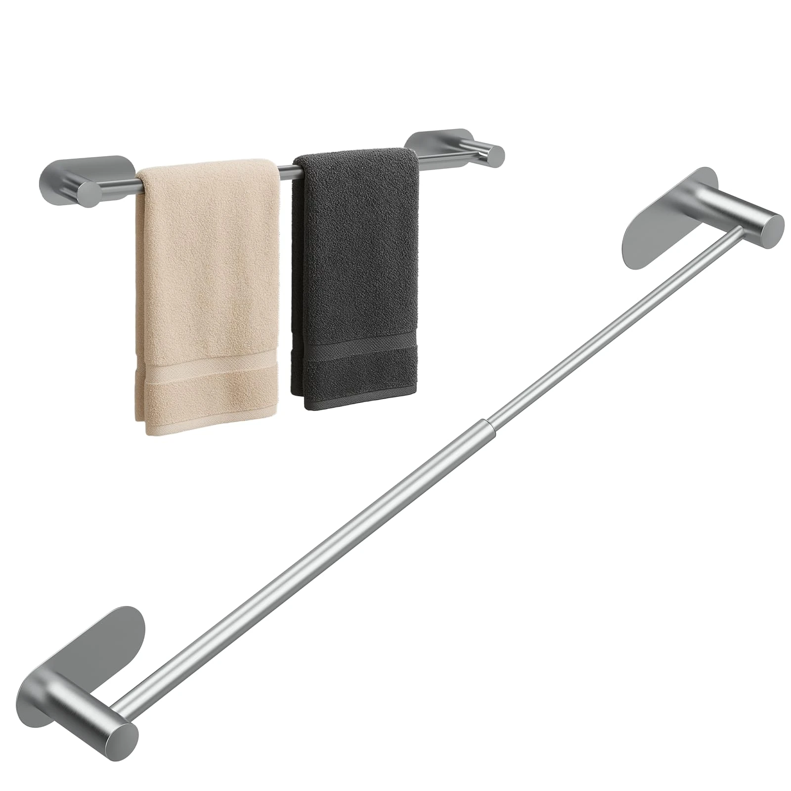 Alyvisun Self Adhesive Towel Rail, Stainless Steel Towel Holder, Retractable from 37cm to 57.5cm, Towel Rail Wall Mounted for Kitchen Bathroom Towel Rails Easy to Install, Silvery