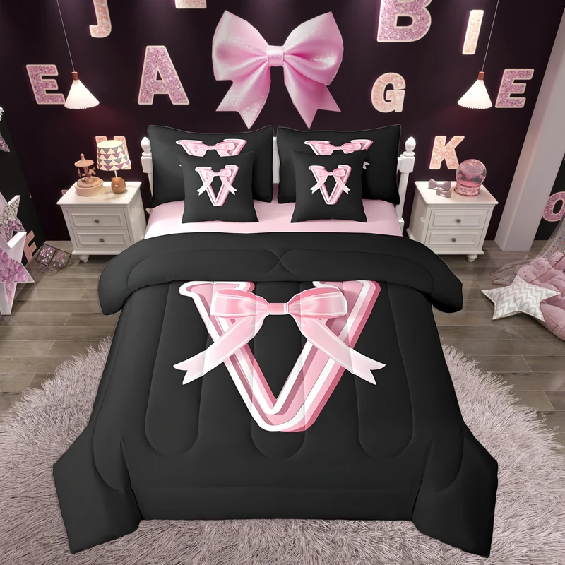 jejeloiu Kawaii Pink Bow Queen Comforter Set with Sheets,Gifts for Women Teen Girl,Monogrammed 7 Piece Bedding Set,Soft Personalized Initial Letter V Bed in a Bag with Comforter,Sheets,Pillowcases