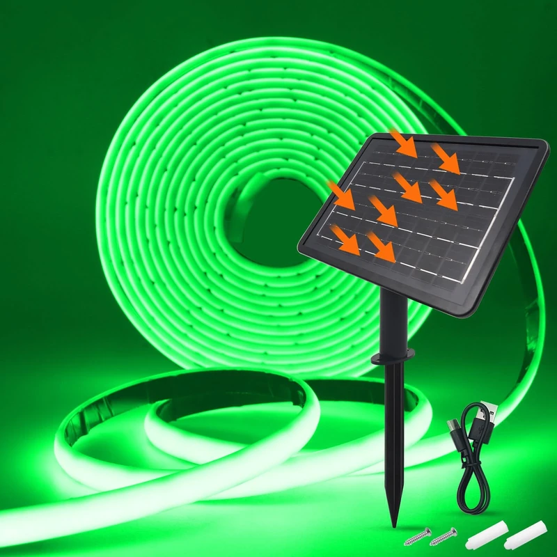 KAFULA 24V COB LED Solar Strip [10m,Green Light], 7200MAH Solar Panel Controller, 8 Modes, IP68 Waterproof Flexible Silicone FCOB LED Neon Strip, Bedroom Garden Corridor Decoration