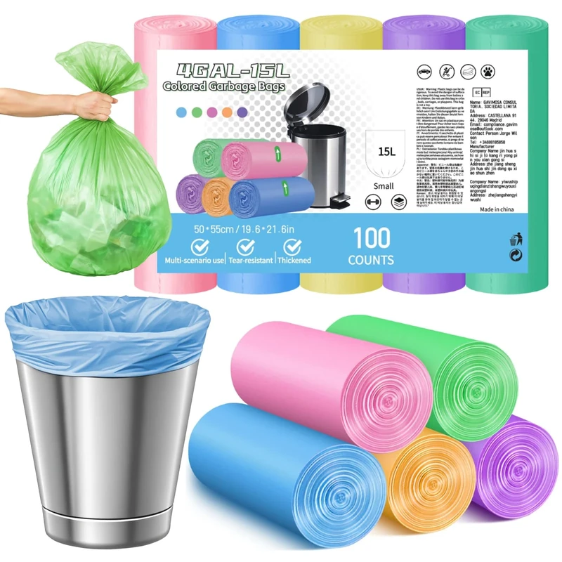 15L Bin Bags – Small Colorful Bin Liners, Strong & Leakproof Waste Bags for Kitchen, Bathroom & Office(Size 15-20 Litre, 100 Counts)