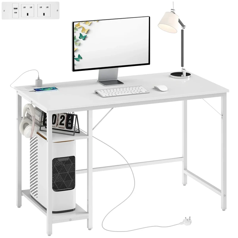 HOMCOM High Gloss Computer Desk with Power Outlets, 120 x 60 cm Home Office Desk with Reversible Storage Shelves and Headphone Hook, Study Table Workstation for Bedroom, White
