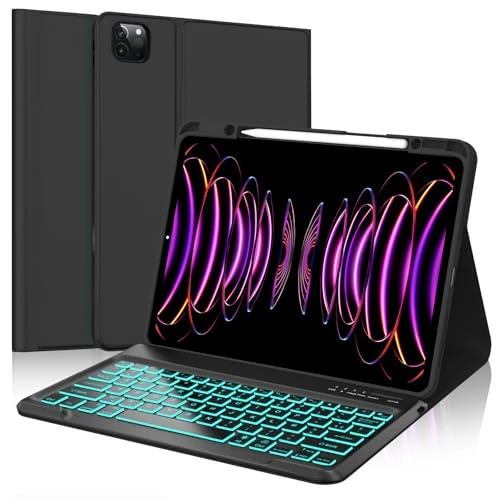 SENGBIRCH Keyboard Case for iPad Pro 12.9 Inch (6th/5th/4th/3rd) Gen, AZERTY French Keyboard Backlit 7 Colours Detachable Wireless Bluetooth Case iPad Air 13 Inch (M3 2025/M2 2024), Black