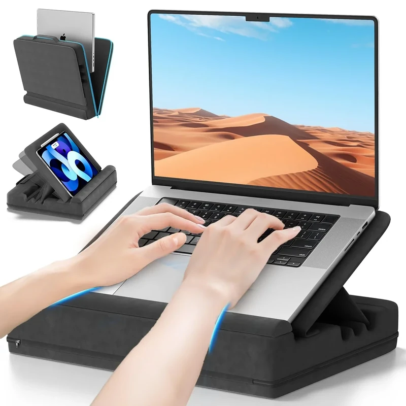 Heyife Laptop Knee Tray for Lap with Cushion, Adjustable Laptop Pillow for Bed/Couch, Foldable Tablet Pillow Holder for Lap, Sofa and Desk for up to 15'' PC/Mac, Tablet, iPad, Kindle, Black