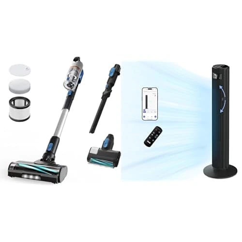Levoit Cordless Vacuum Cleaner with HEPA Filter, Powerful 90AW 60Mins, Mini Motorized Brush&Crevice Tool, Smart Silent Tower Fan 42Inch, 7.9m/s Powerful Electric Cooling Fan for Bedroom