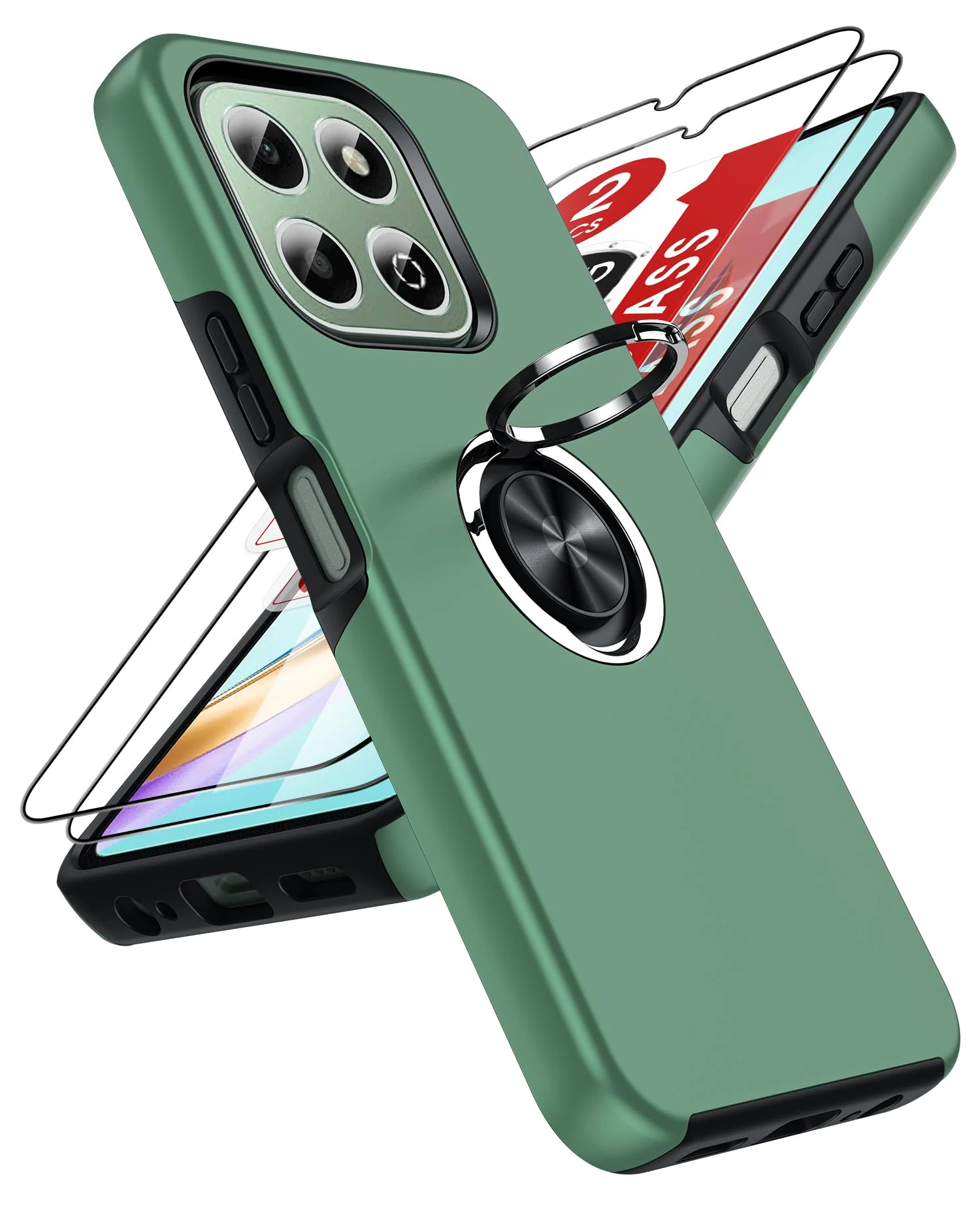 LeYi for Honor X6b 4G Phone Case with 2 Tempered Glass Screen Protector and Invisible Phone Ring Holder, Shockproof Protective Cover for Honour X6b 4G - QGreen