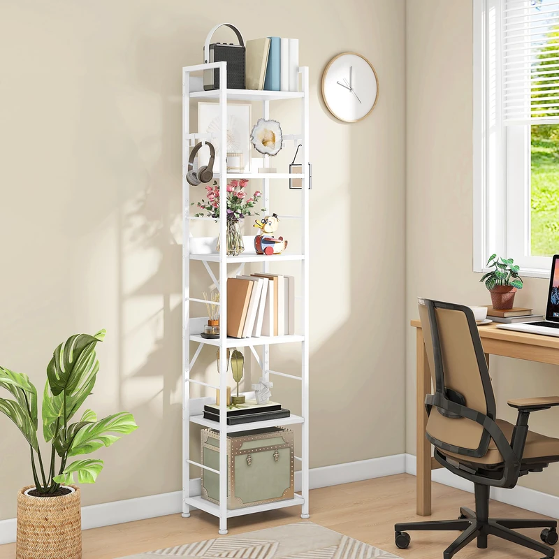 DWVO Book Shelf 6 Tiers, Tall Bookcase with Steel Frame Industrial Bookshelf with 4 Hooks Floorstanding Shelving Unit Narrow Display Rack Storage Organizer for Living Room Bedroom, White