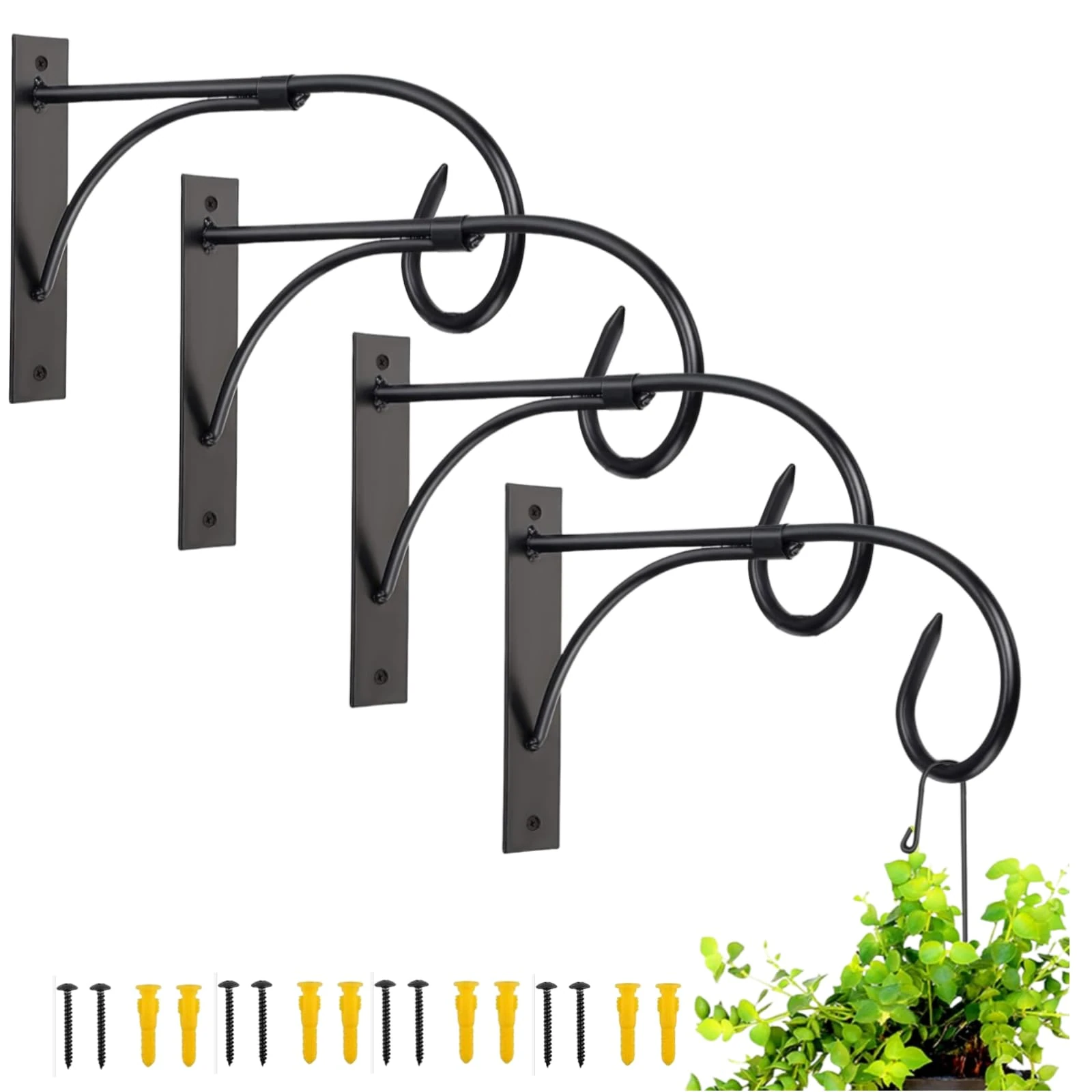 BNGGOGO Plant Brackets for Hanging Baskets, 4pcs 11 Inch Iron Wall Mount Bracket Durable Rust-Resistant Plant Hanger Hook for Hanging Plants Drying Rack Bird Feeder Lantern Windchime House Sign
