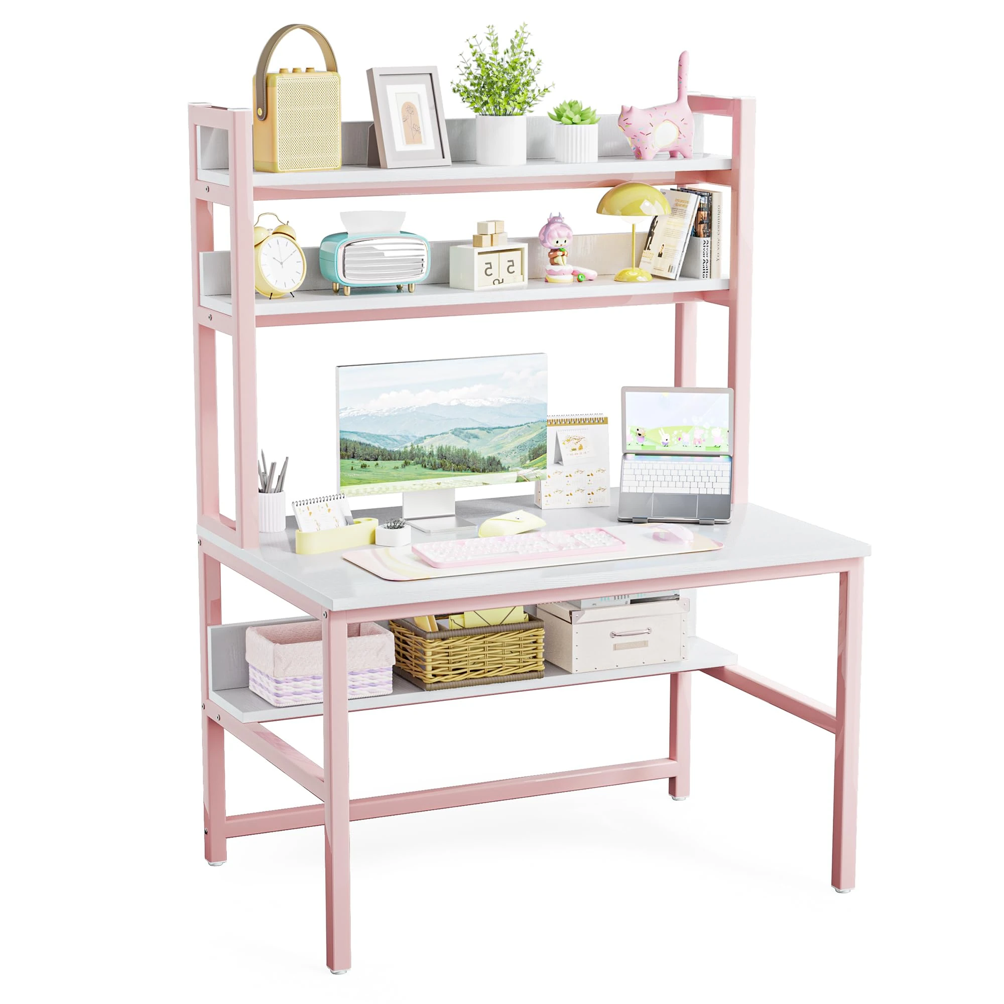 Aquzee Pink Desk Hutch, 47in Woman Computer Desk with Bookshelf & Storage Shelves, Space Saving Girls Writing Study Craft Table for Bedroom Kids Room, White Wood & Pink Iron Home Office Desks