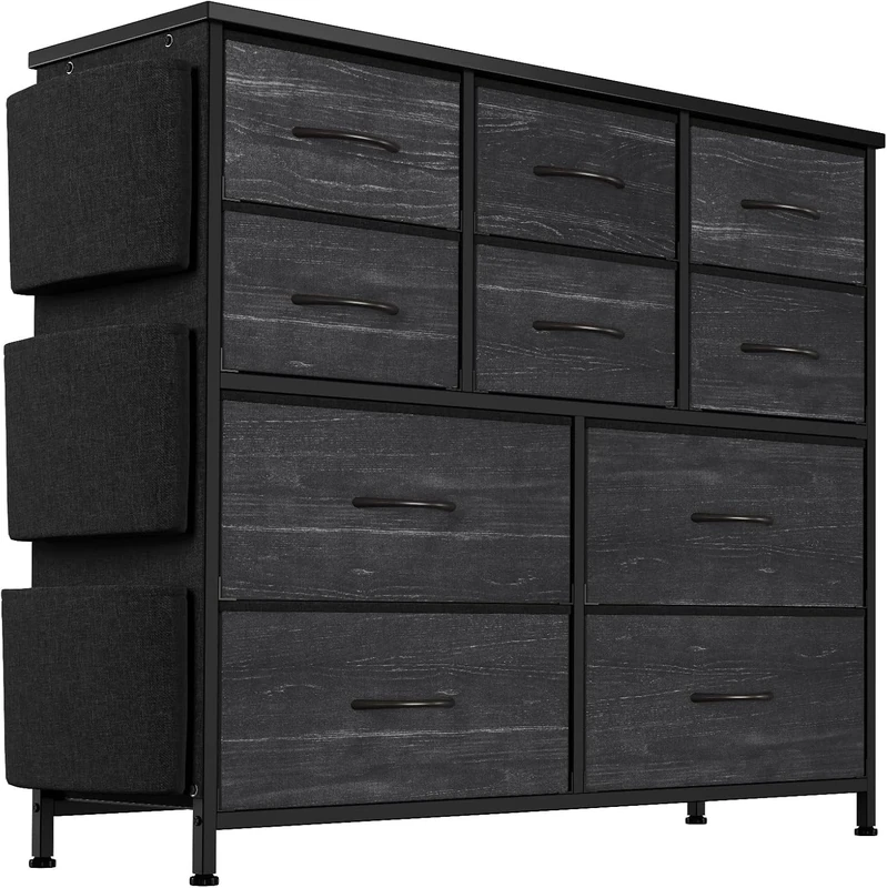 GarveeMore Chest of Drawers, Metal Frame 10 Drawer Fabric Storage Cabinet with Wood Top, 30 x 99 x 89 cm Chest of Drawers for Bedroom Living Room Hallway Black - Image 1