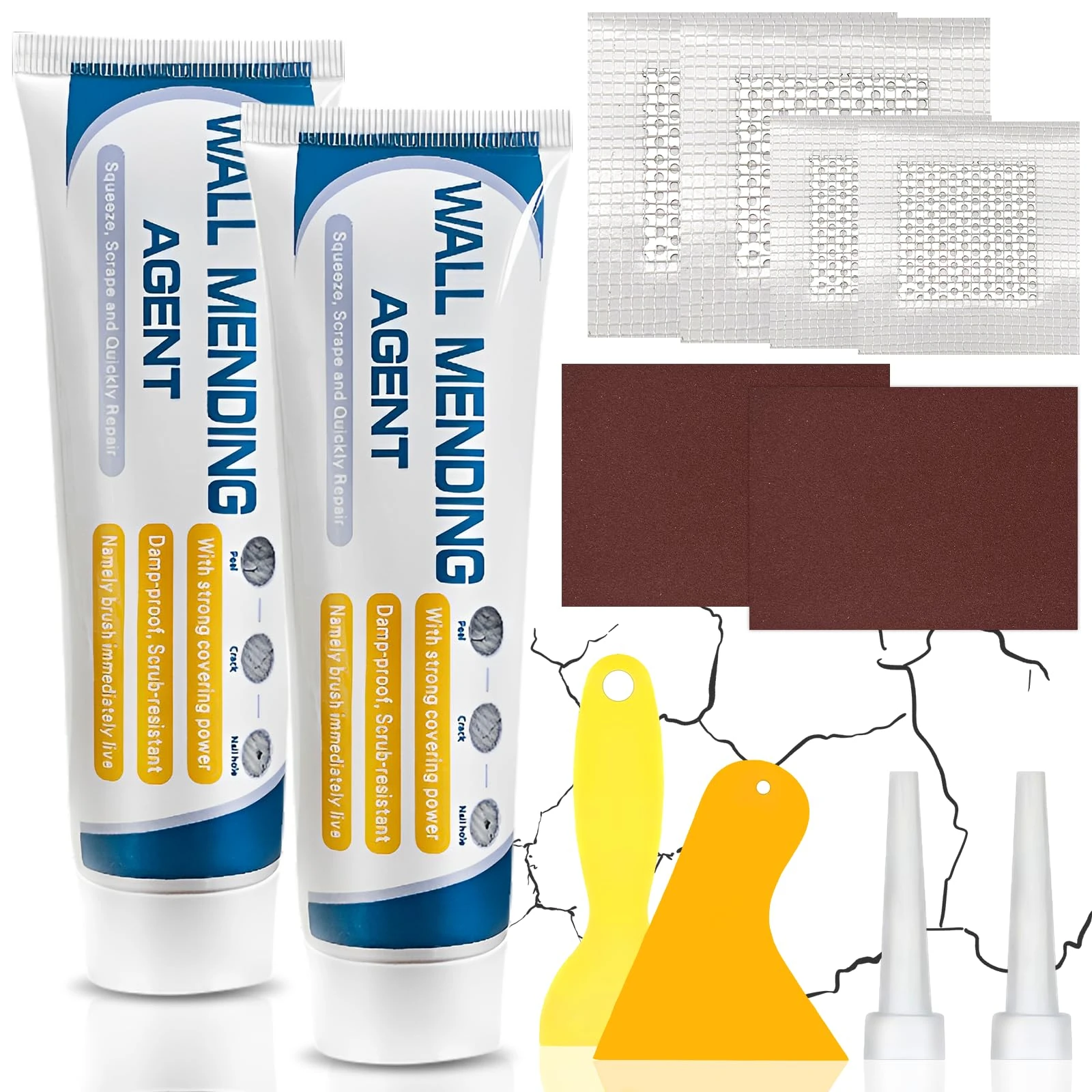 Wall Filler Repair Kit,Wall Mending Agent with Wall Repair Paste,Scraper,Sandpaper and Wall Repair Patch,Polyfiller for Walls,Drywall Repair Kit for Repairing Holes, Peeling, Graffiti, Cracks, 2 Pack