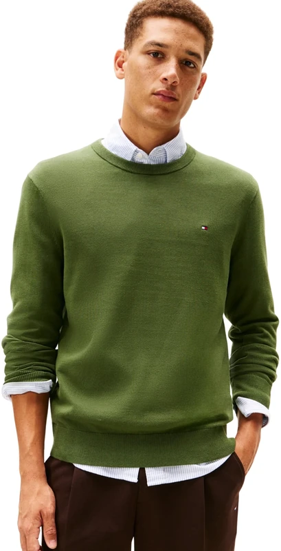 Tommy Hilfiger Men Essential SSNL Cotton Crew Neck MW0MW39999 Pullover Sweater, Green, XS