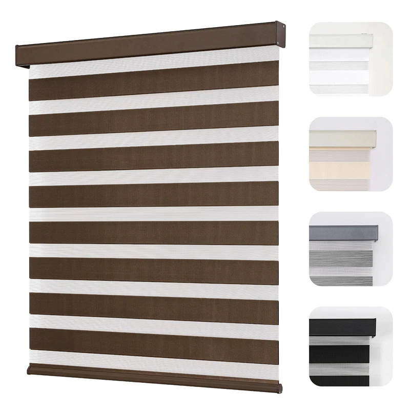 Joydeco Cordless Zebra Blinds for Windows, Dual Layer Light Control Window Blinds with Light-Proof Aluminum Cover, Free-Stop Roller Shades for Home & Office (Coffee,36" W x 75" H) - Image 1