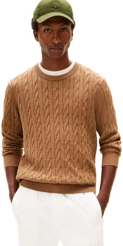 Tommy Hilfiger Men Classic Cotton Cable Crew Neck MW0MW33132 Pullover Sweater, Brown, L