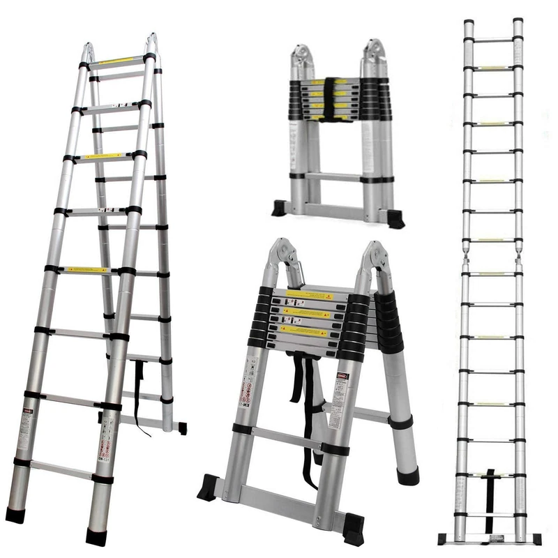COOCHEER 5 m Telescopic Ladder, Folding Ladder, Multifunction Ladder Made of Aluminium, Ideal for Indoor and Outdoor Work, Max. Load 150 kg, Yellow/Silver