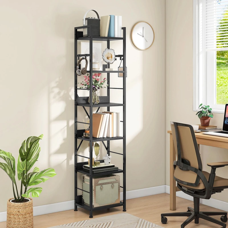 DWVO Book Shelf 6 Tiers, Tall Bookcase with Steel Frame Industrial Bookshelf with 4 Hooks Floorstanding Shelving Unit Narrow Display Rack Storage Organizer for Living Room Bedroom, Black