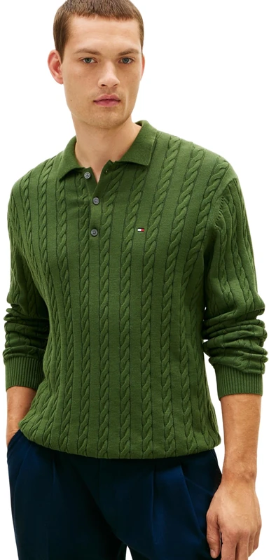 Tommy Hilfiger Men Classic Cotton Cable LS Polo MW0MW41955 Pullover Sweater, Green, M