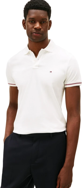 Tommy Hilfiger Men Liquid Cotton RWB Cuff Slim Polo MW0MW41612 S/S Polo, White, XS