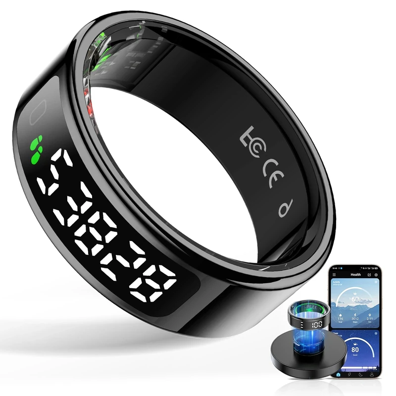 HPLSZCN Smart Rings for Men Women - Fitness Tracker Health Ring with LED Display Screen, 24/7 Health & Sleep Tracker, 5ATM Waterproof, Compatible with Android & IOS (Black, 8)
