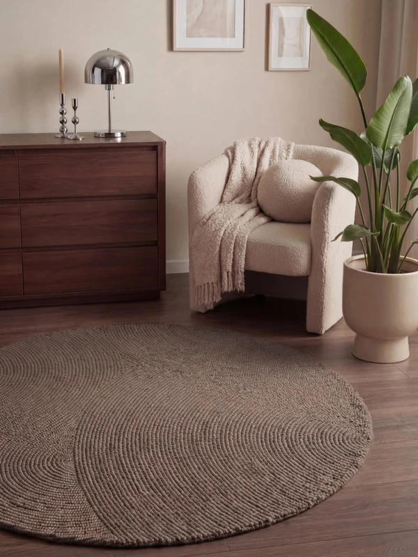 Hanse Home Eleni Wool Rug - Natural Living Room Rug Round - Hand Tufted - Hygge Skandi, Boho Rug Wool for Living Room, Bedroom, Dining Room, Hallway - Taupe, Diameter 150 cm - Image 1