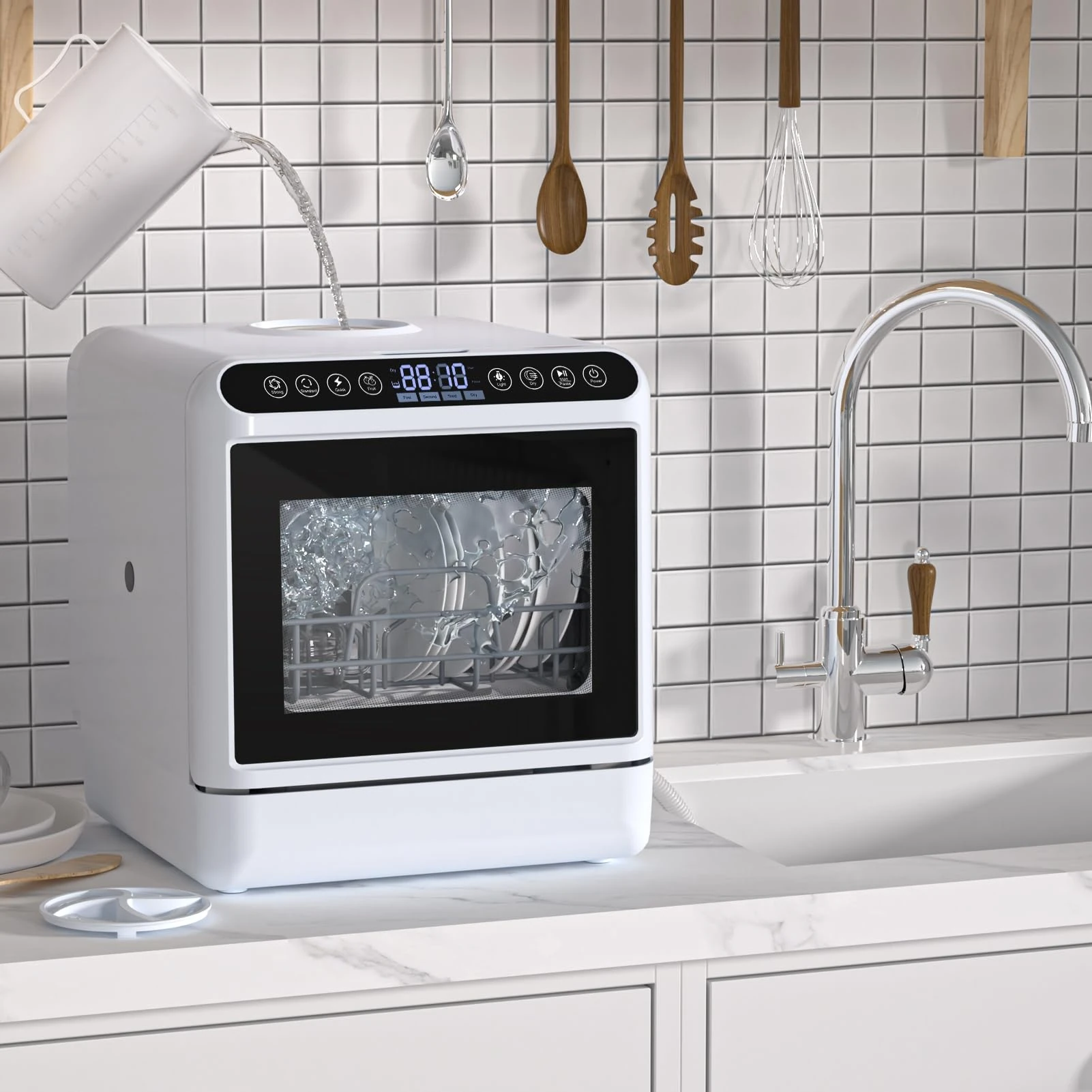 Table Top Dishwasher, Portable Mini Countertop Dishwashers with 5L Water Tank, Smart Tabletop Dishwasher for Small Kitchen, 5 Place Settings, 3 Spray Arm, Air Dry Function, High Temp Cleaning White