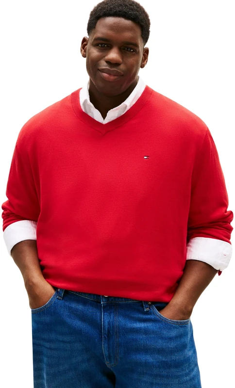 Tommy Hilfiger Men BT-Essential Cotton V Neck-B MW0MW43012 Pullover Sweater, RED, XXL_Plus