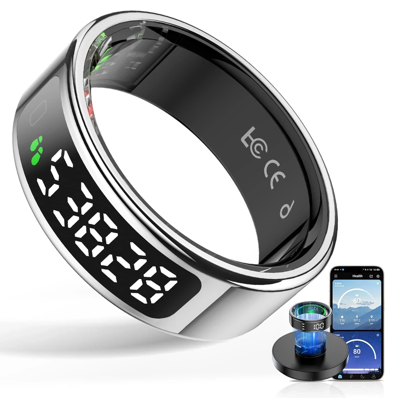 HPLSZCN Smart Rings for Men Women - Fitness Tracker Health Ring with LED Display Screen, 24/7 Health & Sleep Tracker, 5ATM Waterproof, Compatible with Android & IOS (Silver, 8)