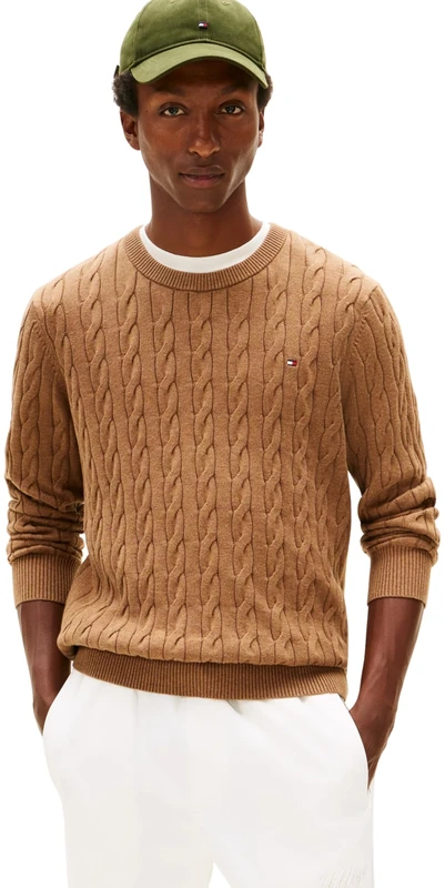 Tommy Hilfiger Men Classic Cotton Cable Crew Neck MW0MW33132 Pullover Sweater, Brown, M