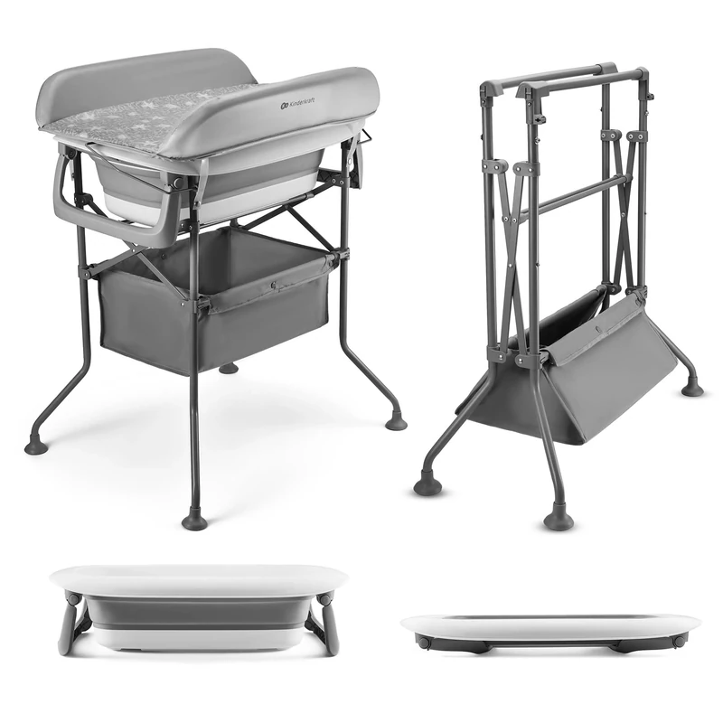 Kinderkraft Bubbly Folding Baby Bathtub with Changing Table, Multifunction 2-in-1 Frame, Space-Saving Flat fold, Ergonomic Height, 151cm Drain Hose, Anti-Slip feet, Accessory Basket, Grey