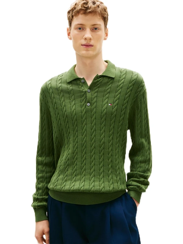 Tommy Hilfiger Men Classic Cotton Cable LS Polo MW0MW41955 Pullover Sweater, Green, S
