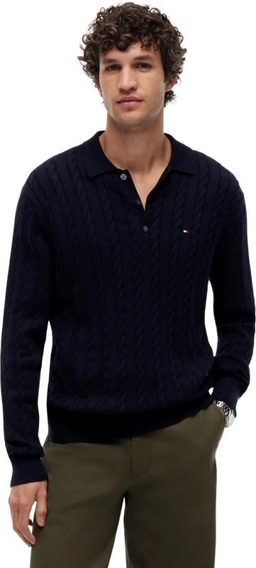 Tommy Hilfiger Men Classic Cotton Cable LS Polo MW0MW41955 Pullover Sweater, Blue, XS