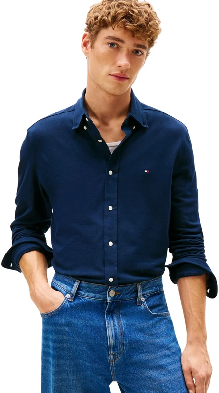 Tommy Hilfiger Men Knit Pique Featherweight Shirt MW0MW41690 L/S Shirt, Blue, M