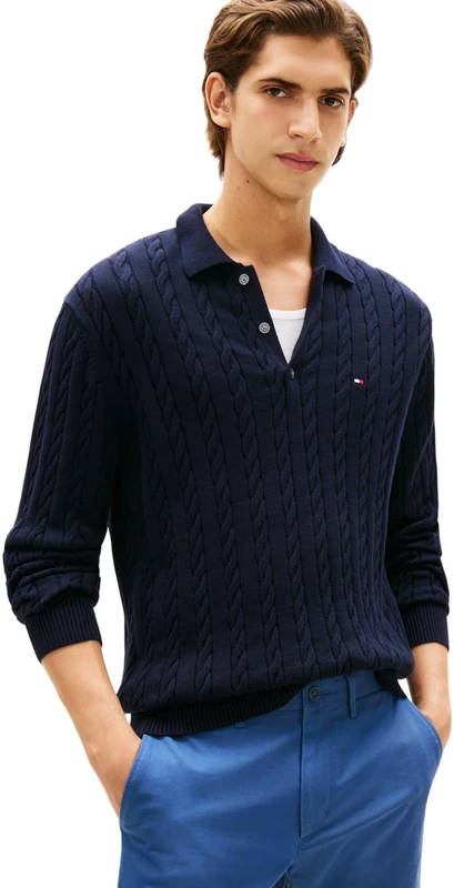 Tommy Hilfiger Men Classic Cotton Cable LS Polo MW0MW41955 Pullover Sweater, Blue, XL