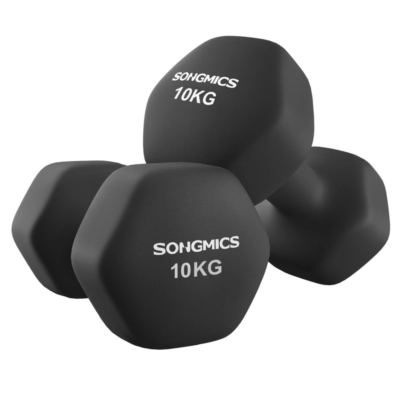 SONGMICS Set of 2 Dumbbells, 2 x 10 kg Hand Weights with Neoprene Coating, Hexagonal Dumbbells Pair, Home Workout, Fitness Training Exercise, Ink Black SYL110B01