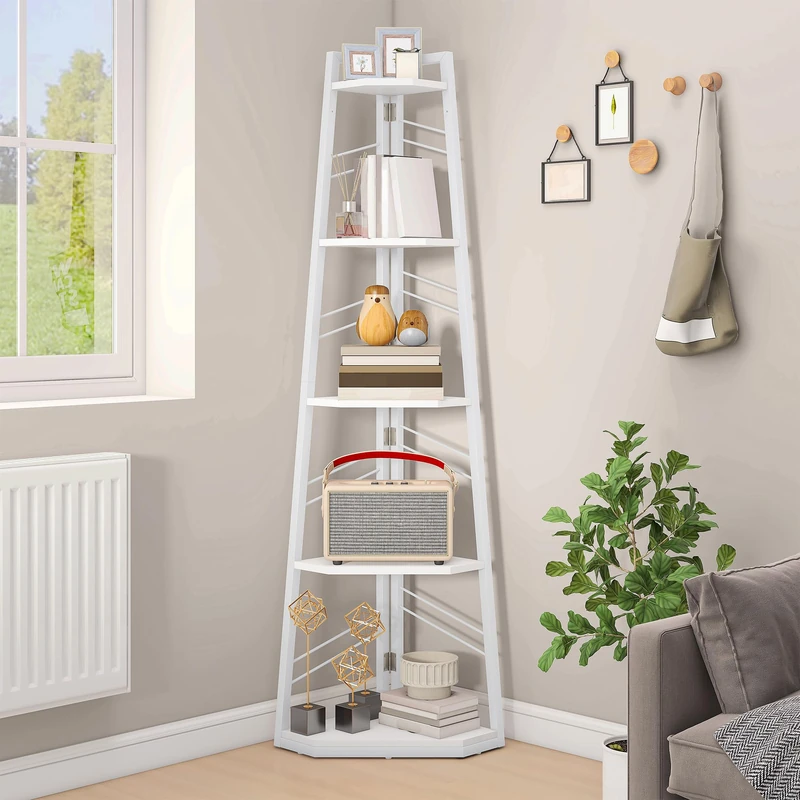 DWVO Corner Shelf 5 Tiers, Corner Bookshelf with Metal Frame, Industrial Ladder Bookcase Floorstanding Display Shelf Tall Storage Rack for Living Room Kitchen Bedroom, Pure White Book Shelves