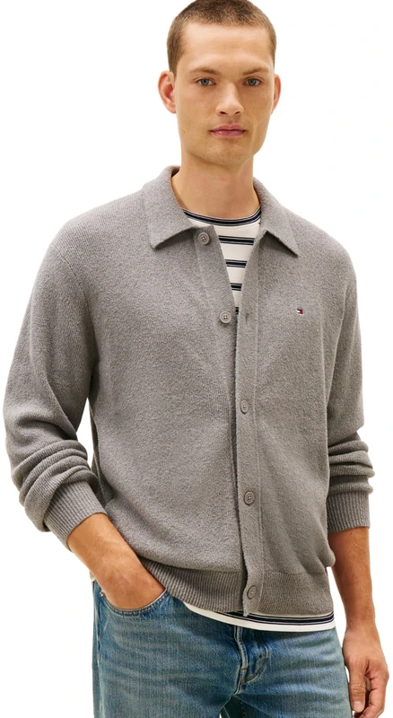 Tommy Hilfiger Men Textured Polo Cardigan MW0MW41546 Cardigan Sweater, Grey, L