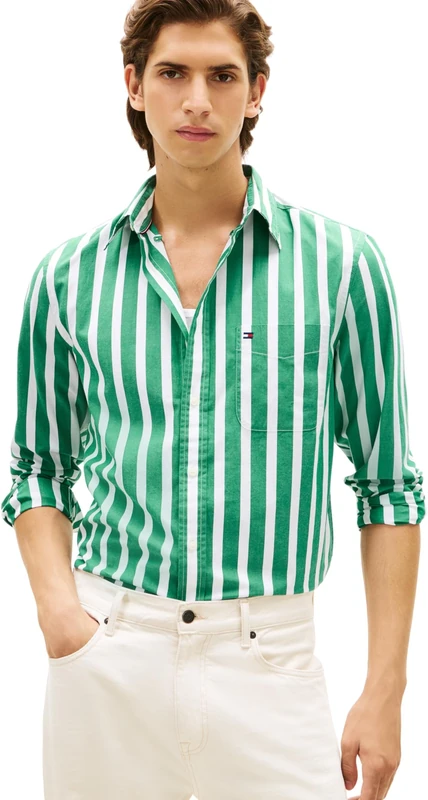 Tommy Hilfiger Men Flex POPLIN Bold Stripe Shirt MW0MW41715 L/S Shirt, Green, M
