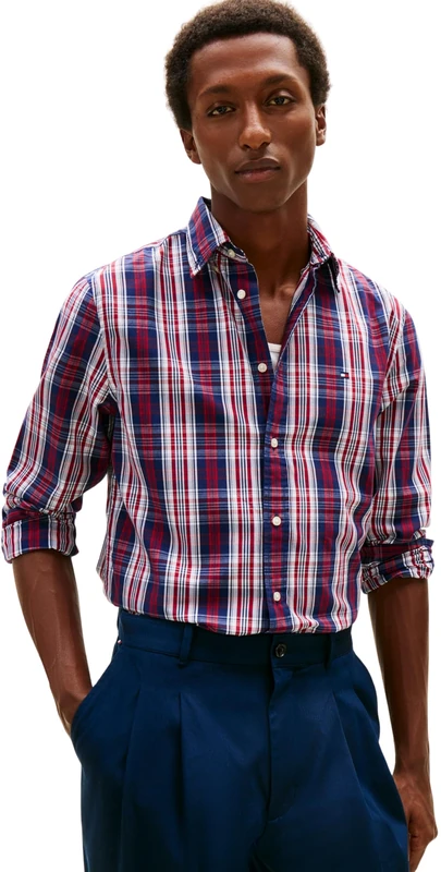 Tommy Hilfiger Men Flex POPLIN Medium Check Shirt MW0MW41712 L/S Shirt, Blue, XS