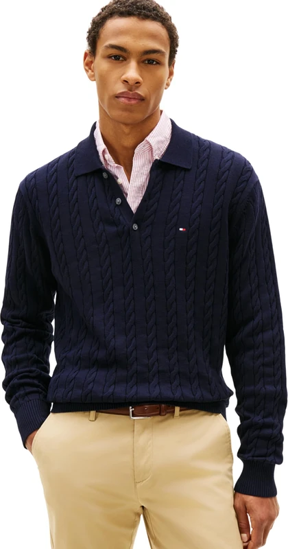 Tommy Hilfiger Men Classic Cotton Cable LS Polo MW0MW41955 Pullover Sweater, Blue, M